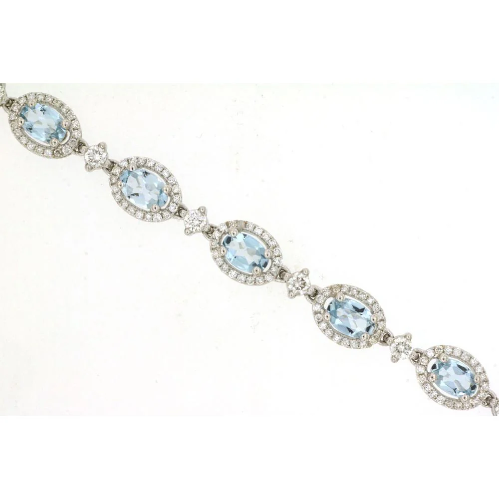 14K White Gold Bracelet with Oval Aquamarines and Diamond Halo Stations - 5.50 Carat Total Aquamarine Weight & 2.00 Carat Total Diamond Weight - Royal Jewelry