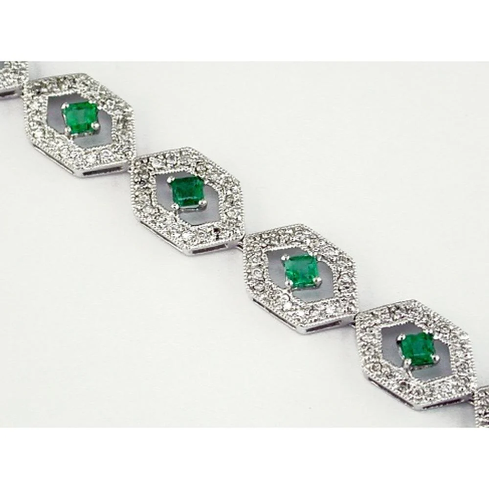 14K White Gold Bracelet with Princess Cut Emeralds and Round Diamonds - 2.45 Carats Total Gem Weight - Royal Jewelry