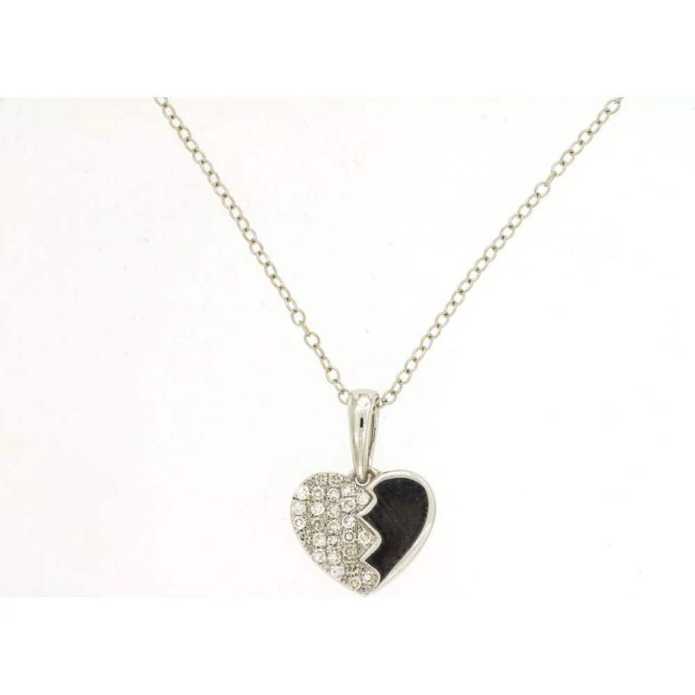 14K White Gold Broken Heart Necklace with Pavé Set Round Diamonds - 0.12 Carat Total Diamond Weight - Royal Jewelry