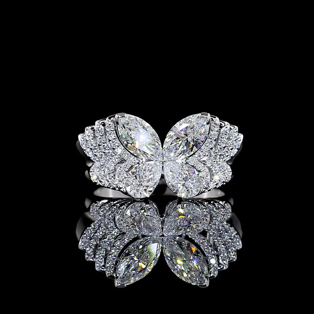 14K White Gold Butterfly Motif Special Ring with Inclined Marquise, Pear & Round Lab Diamonds - 1.84 Carats Total Diamond Weight - Covaloro Fine Jewelry