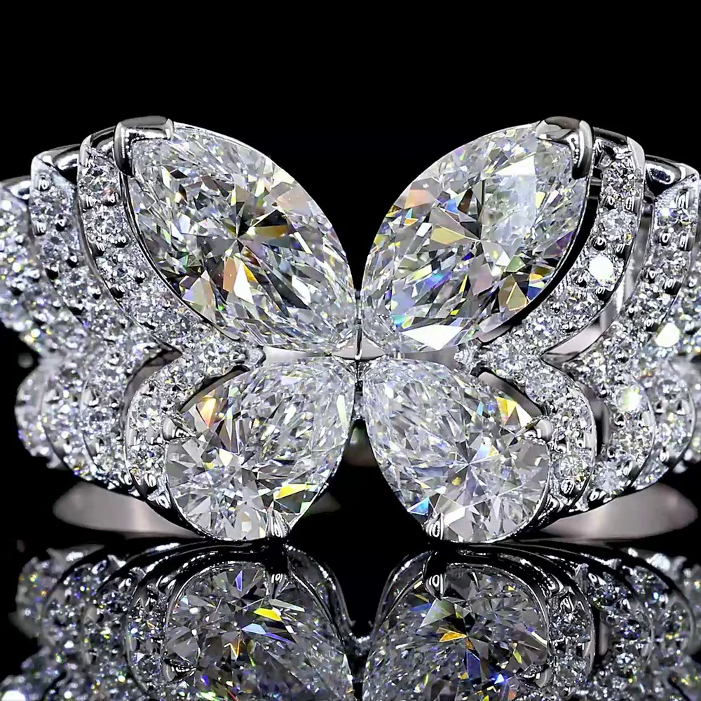 14K White Gold Butterfly Motif Special Ring with Inclined Marquise, Pear & Round Lab Diamonds - 1.84 Carats Total Diamond Weight - Covaloro Fine Jewelry - Image 2