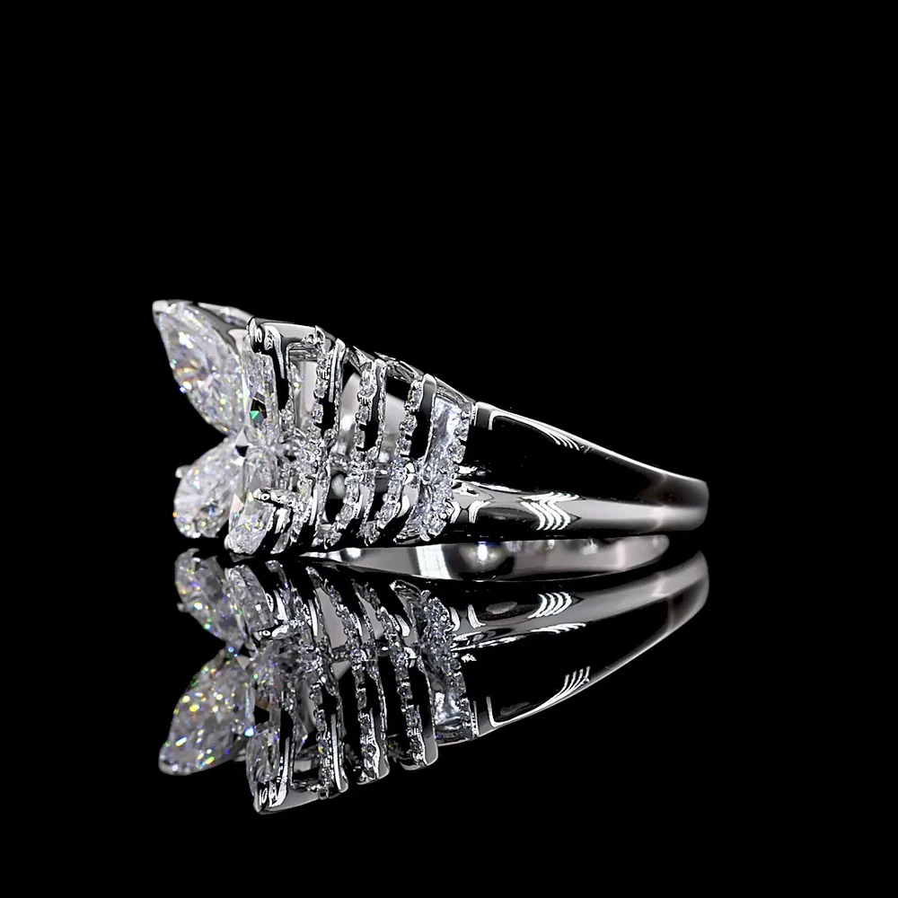 14K White Gold Butterfly Motif Special Ring with Inclined Marquise, Pear & Round Lab Diamonds - 1.84 Carats Total Diamond Weight - Covaloro Fine Jewelry - Image 4