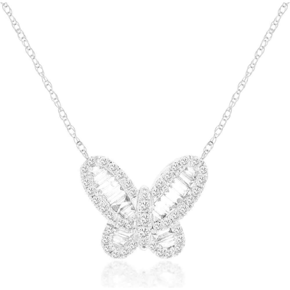 14K White Gold Butterfly Pendant Necklace with Round and Baguette Diamonds - 0.50 Carat Total Diamond Weight - Royal Jewelry