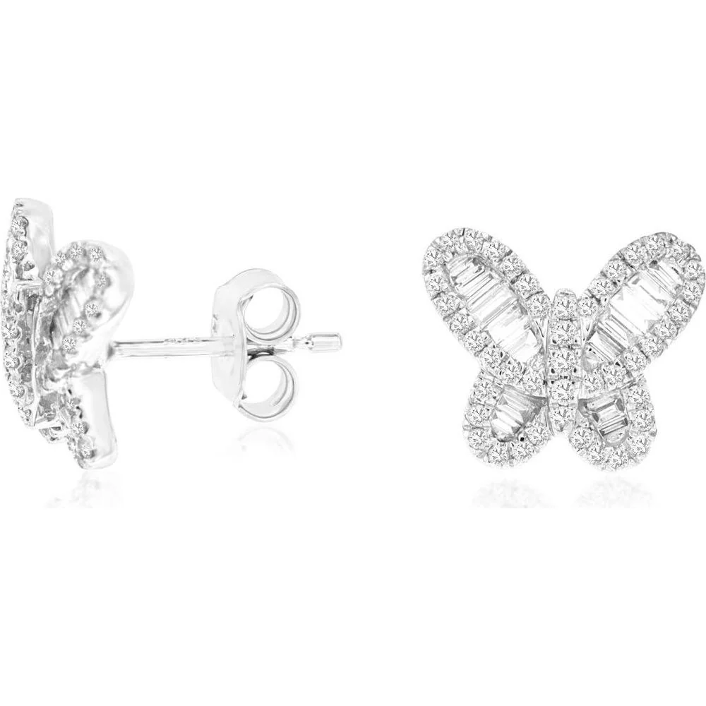 14K White Gold Butterfly Stud Earrings with Baguette and Round Diamond Halo Motif - 0.60 Carat Total Diamond Weight - Royal Jewelry