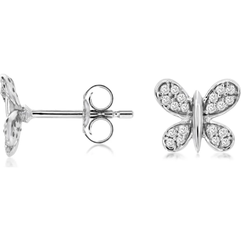 14K White Gold Butterfly Stud Earrings with Pave Set Round Diamonds - 0.16 Carat Total Diamond Weight - Royal Jewelry