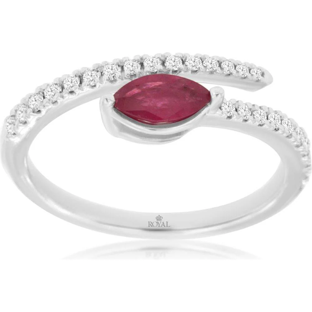 14K White Gold Bypass Ring with 0.40 Carat Marquise Cut Ruby and 0.24 Carat Round Diamonds - Royal Jewelry