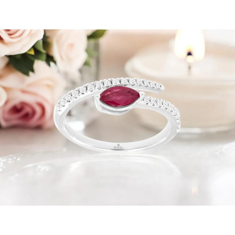 14K White Gold Bypass Ring with 0.40 Carat Marquise Cut Ruby and 0.24 Carat Round Diamonds - Royal Jewelry - Image 2