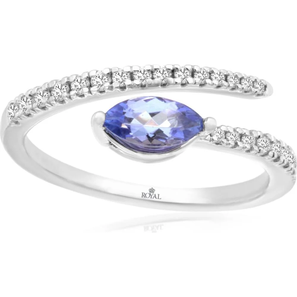 14K White Gold Bypass Ring with Marquise Cut Tanzanite and Round Diamond Accents - 0.44 Carat Tanzanite, 0.24 Carat Total Diamond Weight - Royal Jewelry