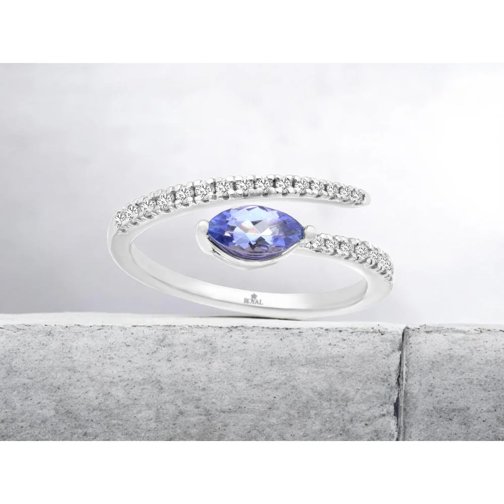 14K White Gold Bypass Ring with Marquise Cut Tanzanite and Round Diamond Accents - 0.44 Carat Tanzanite, 0.24 Carat Total Diamond Weight - Royal Jewelry - Image 2