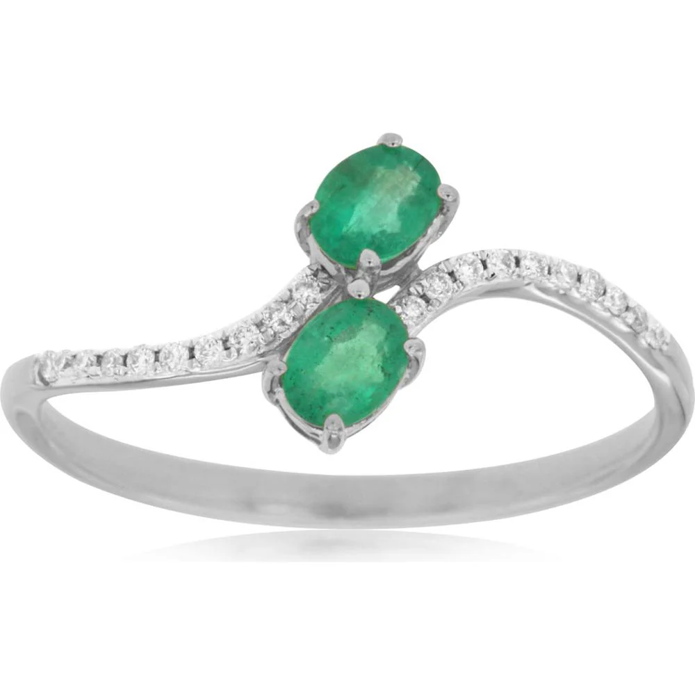 14K White Gold Bypass Ring with Oval Cut Emeralds and Round Diamond Accents - 0.33 Carat Emerald Total Weight, 0.06 Carat Diamond Total Weight - Royal Jewelry