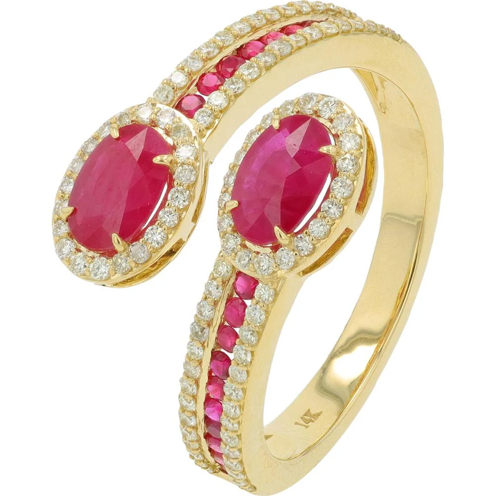 14K White Gold Bypass Ring with Oval Rubies and Diamond Halo - 1.25 - 1.50 Carat Total Ruby Weight, 0.40 Carat Total Diamond Weight