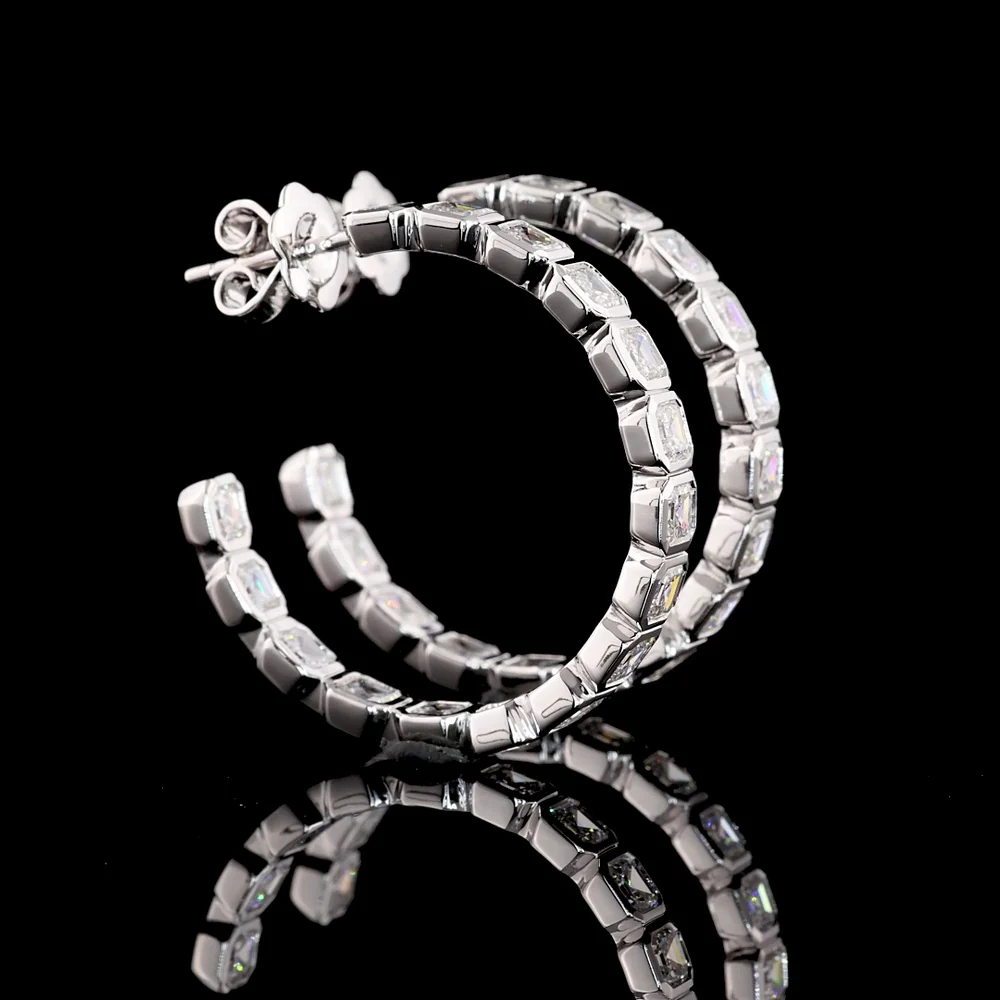 14K White Gold C-Hoop Earrings with Bezel Set Asscher Cut Lab Diamonds - 5.19 Carats Total Diamond Weight - Covaloro Fine Jewelry