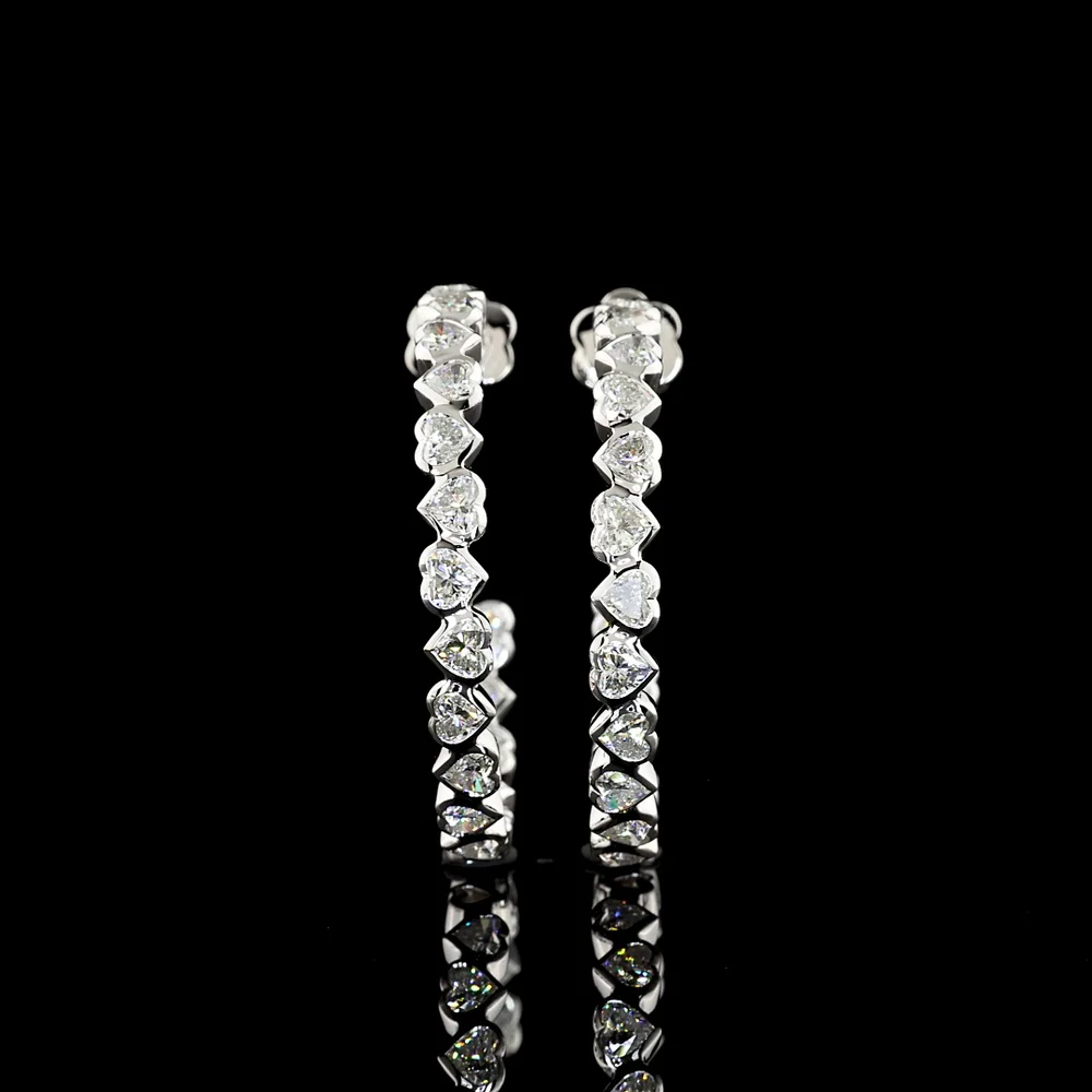 14K White Gold C-Hoop Huggie Earrings with Bezel Set Heart Shaped Lab Diamonds - 5.55 Carat Total Diamond Weight - Covaloro Fine Jewelry