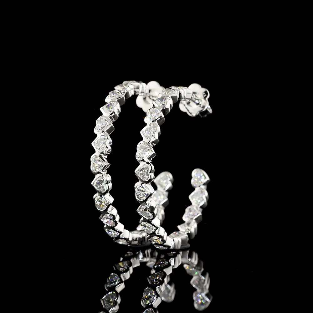 14K White Gold C-Hoop Huggie Earrings with Bezel Set Heart Shaped Lab Diamonds - 5.55 Carat Total Diamond Weight - Covaloro Fine Jewelry - Image 3
