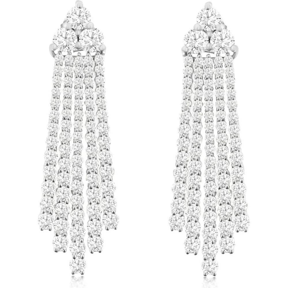 14K White Gold Cascading Diamond Chandelier Earrings with Five-Strand Fringe and Round Brilliant Diamonds - 3.50 Carat Total Weight - Royal Jewelry