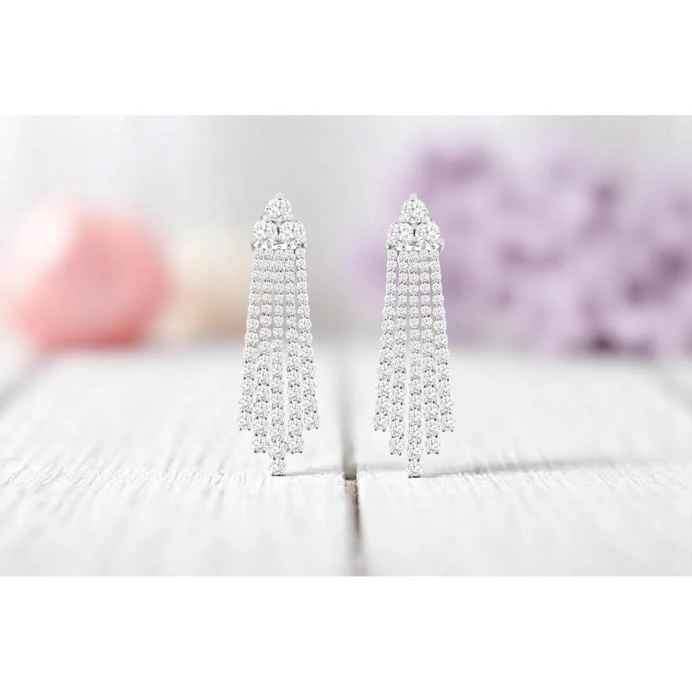 14K White Gold Cascading Diamond Chandelier Earrings with Five-Strand Fringe and Round Brilliant Diamonds - 3.50 Carat Total Weight - Royal Jewelry - Image 2