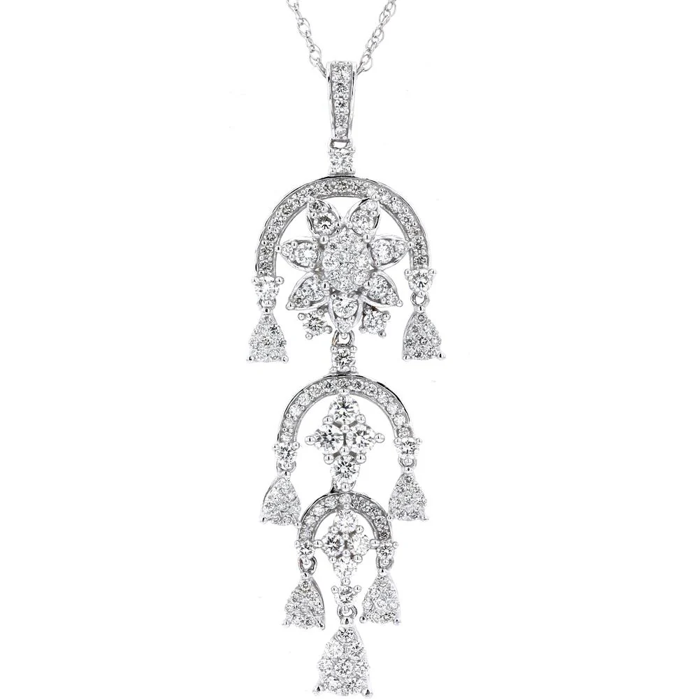 14K White Gold Chandelier Diamond Pendant Necklace - 1.50 Carat Total Diamond Weight