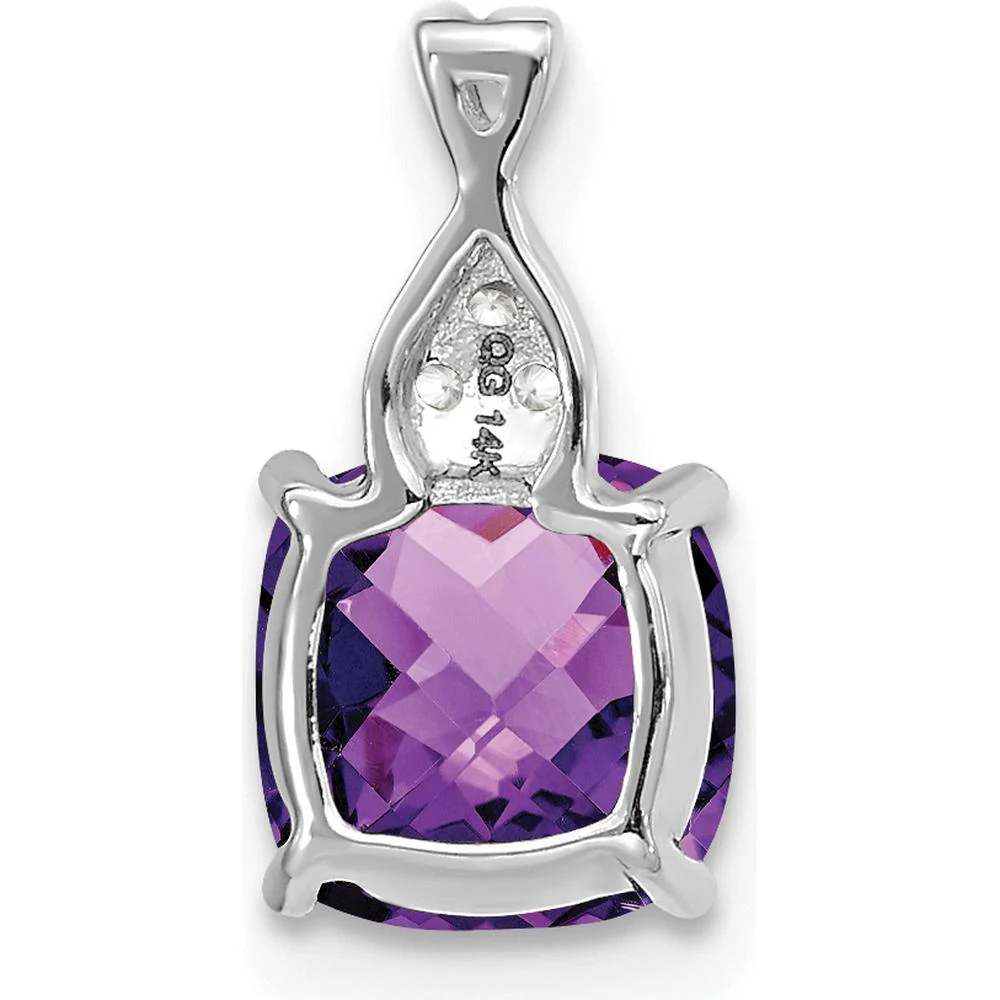 14K White Gold Checkerboard Amethyst Pendant with 3 Round Diamonds - 7mm Amethyst, 0.01 Carat Diamond Weight by Oro Pregiato - Image 3