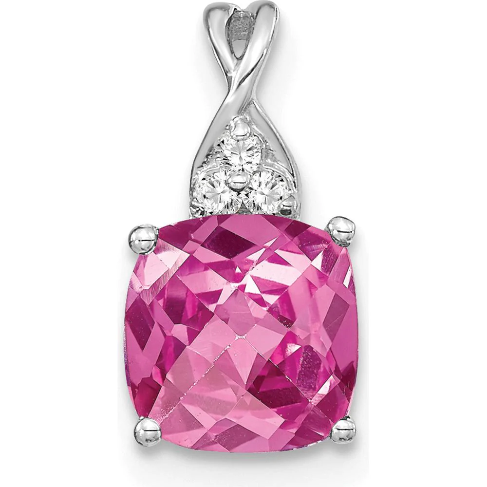 14K White Gold Checkerboard Cut Pink Sapphire Pendant with Diamond Accents by Oro Pregiato