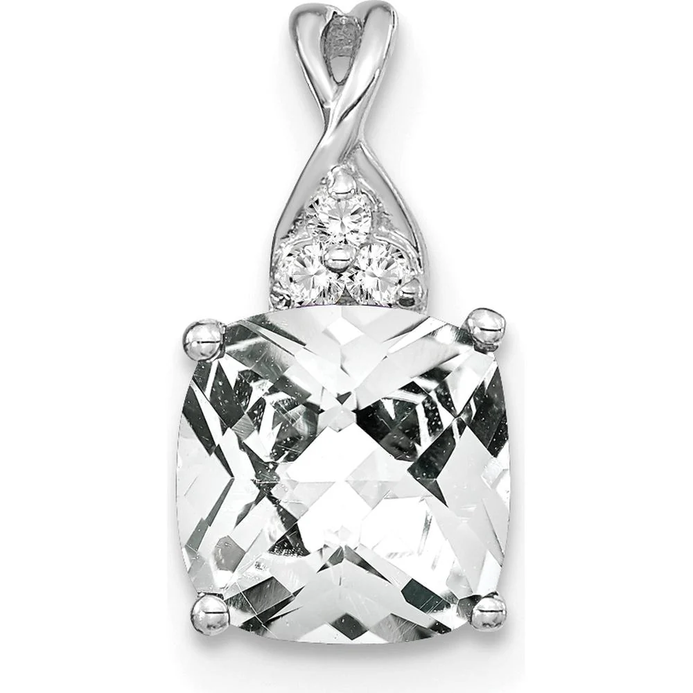 14K White Gold Checkerboard White Topaz and Diamond Pendant - 7mm Cushion Cut Topaz, 0.01 Carat Diamonds by Oro Pregiato