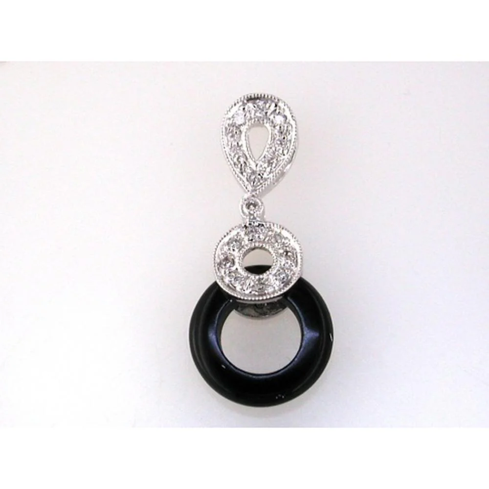 14K White Gold Circle Onyx Pendant with Round Diamond Accents and Milgrain Detail - 0.07 Carat Total Diamond Weight - Royal Jewelry