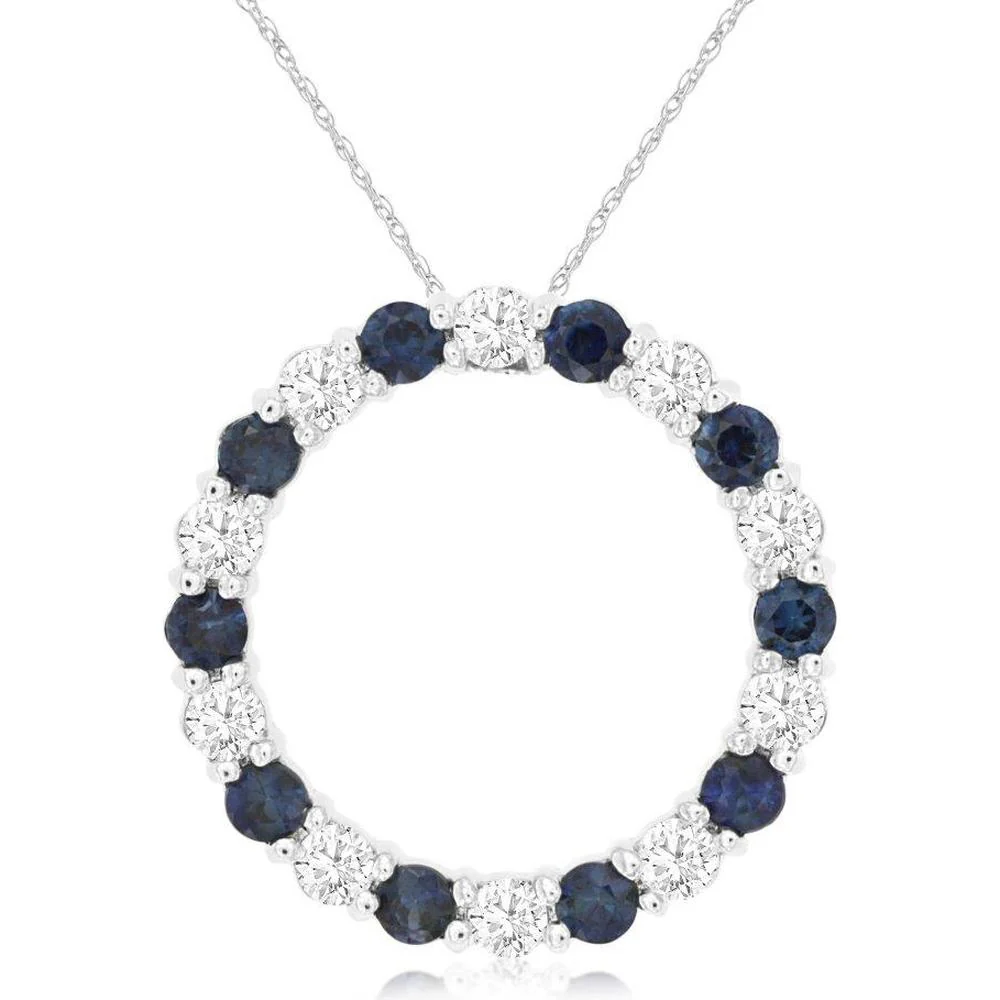 14K White Gold Circle Pendant with Alternating Round Sapphires and Round Diamonds - 1.00 Total Carat Weight (0.50 Carat Sapphire, 0.50 Carat Diamond) - Royal Jewelry