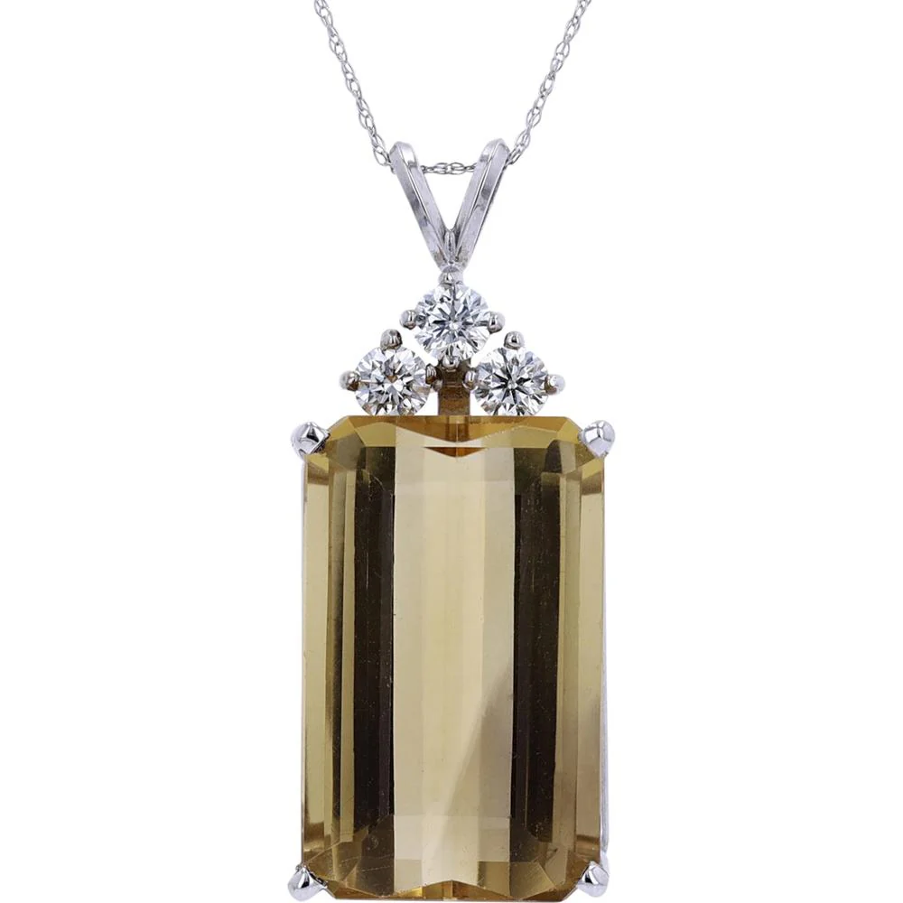 14K White Gold Citrine Pendant with Emerald Cut 30.43 Carat and 0.75 Carat Round Diamond Accents