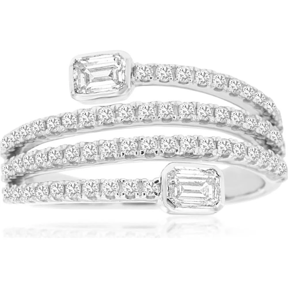 14K White Gold Coil Bypass Ring with Bezel Set Emerald Cut Diamonds and Round Diamond Bands - 1.00 Carat Total Diamond Weight - Royal Jewelry