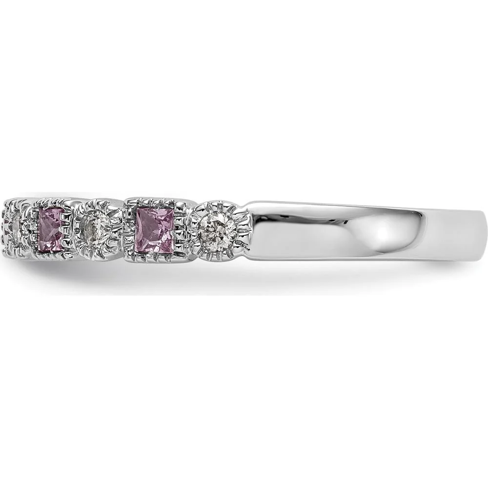 14K White Gold Complete Band with Princess Cut Pink Sapphires and Round Diamonds - 0.10 Carat Total Gem Weight - Size 7 by Luciano & Cie - Image 3