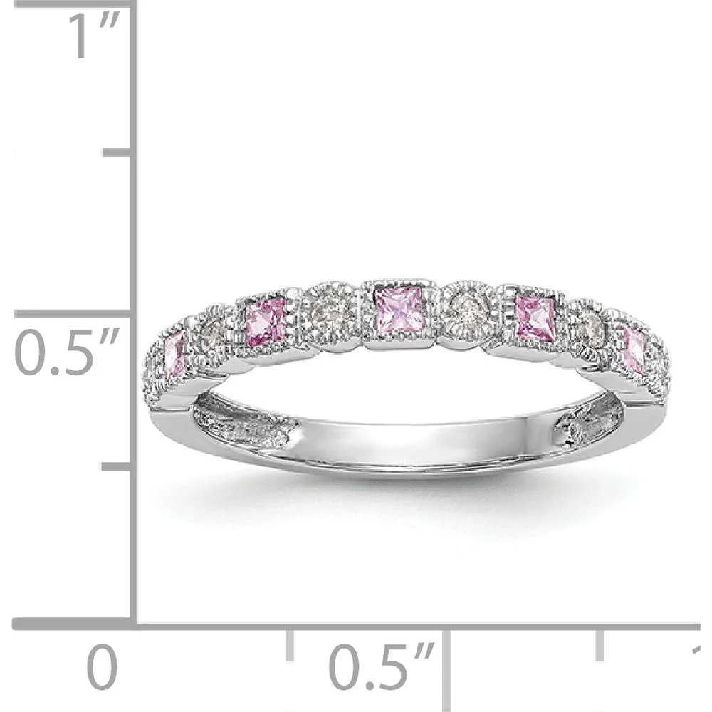 14K White Gold Complete Band with Princess Cut Pink Sapphires and Round Diamonds - 0.10 Carat Total Gem Weight - Size 7 by Luciano & Cie - Image 7