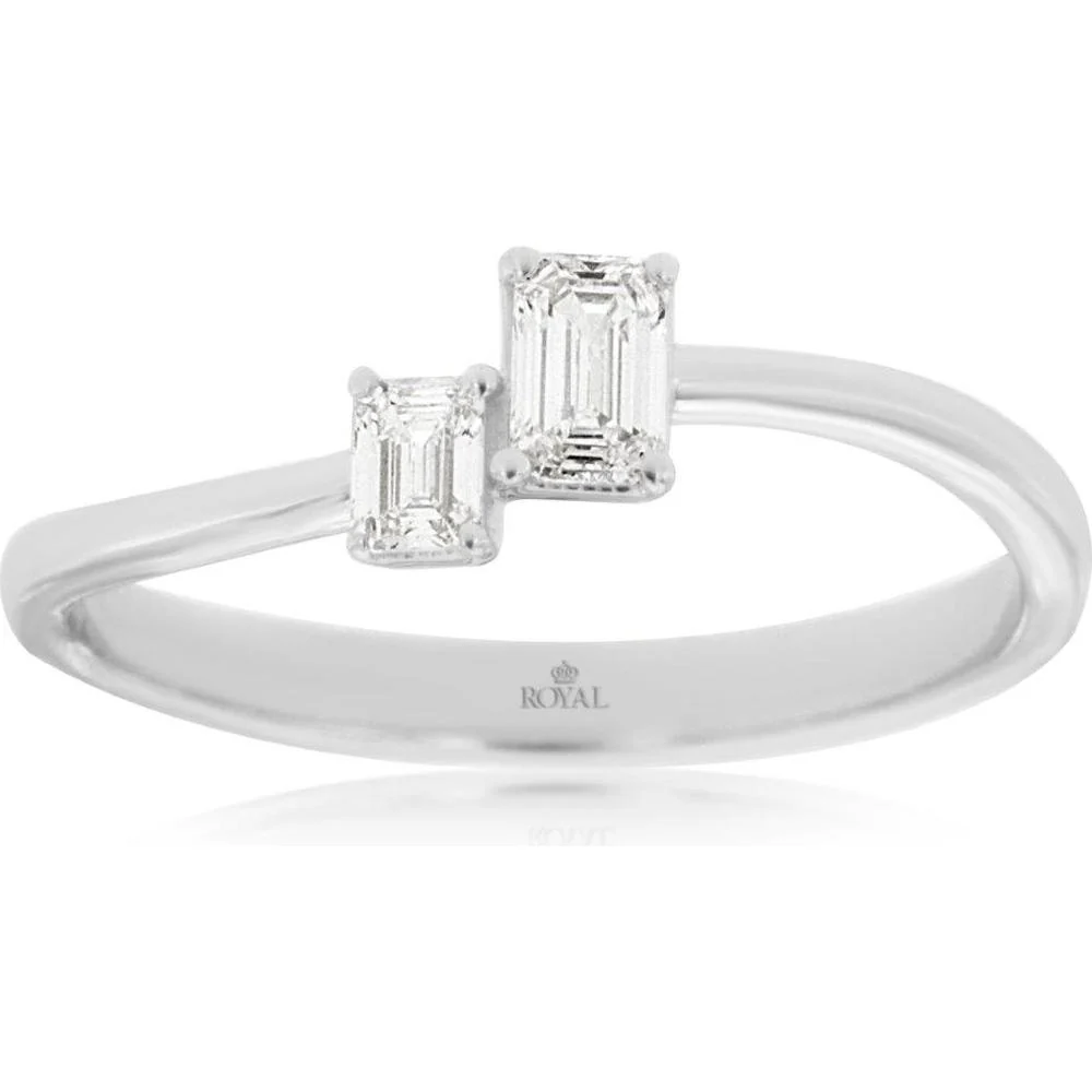 14K White Gold Contemporary Asymmetric Two-Stone Engagement Ring with Emerald Cut Diamonds - 0.30 Carat Total Diamond Weight - Royal Jewelry