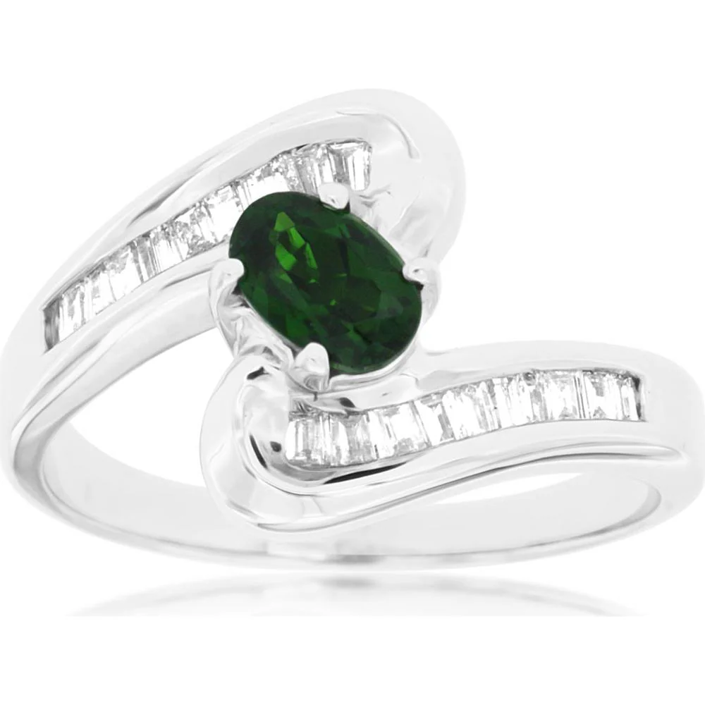 14K White Gold Contemporary Bypass Ring with 0.45 Carat Oval Russalite and Channel-Set Baguette Diamonds - 0.36 Carat Total Diamond Weight - Royal Jewelry