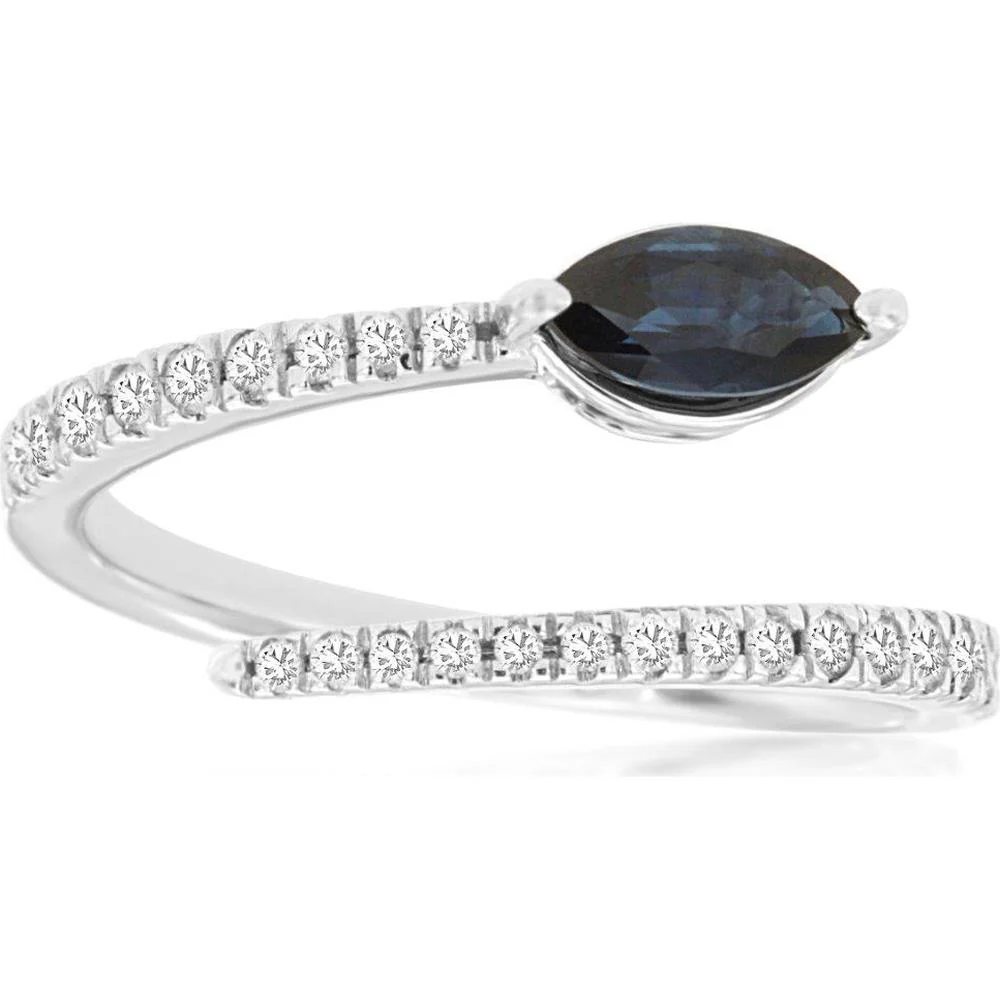 14K White Gold Contemporary Bypass Ring with Marquise Sapphire and Diamond Accents - 0.45 Carat Sapphire and 0.24 Carat Total Diamond Weight - Royal Jewelry