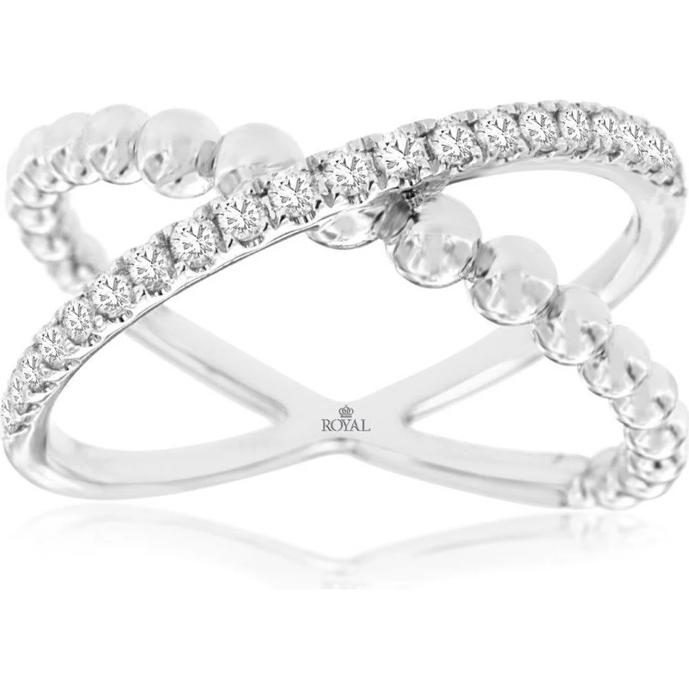 14K White Gold Contemporary Crossover Ring with Round Diamonds and Beaded Detail - 0.33 Carat Total Diamond Weight - Royal Jewelry