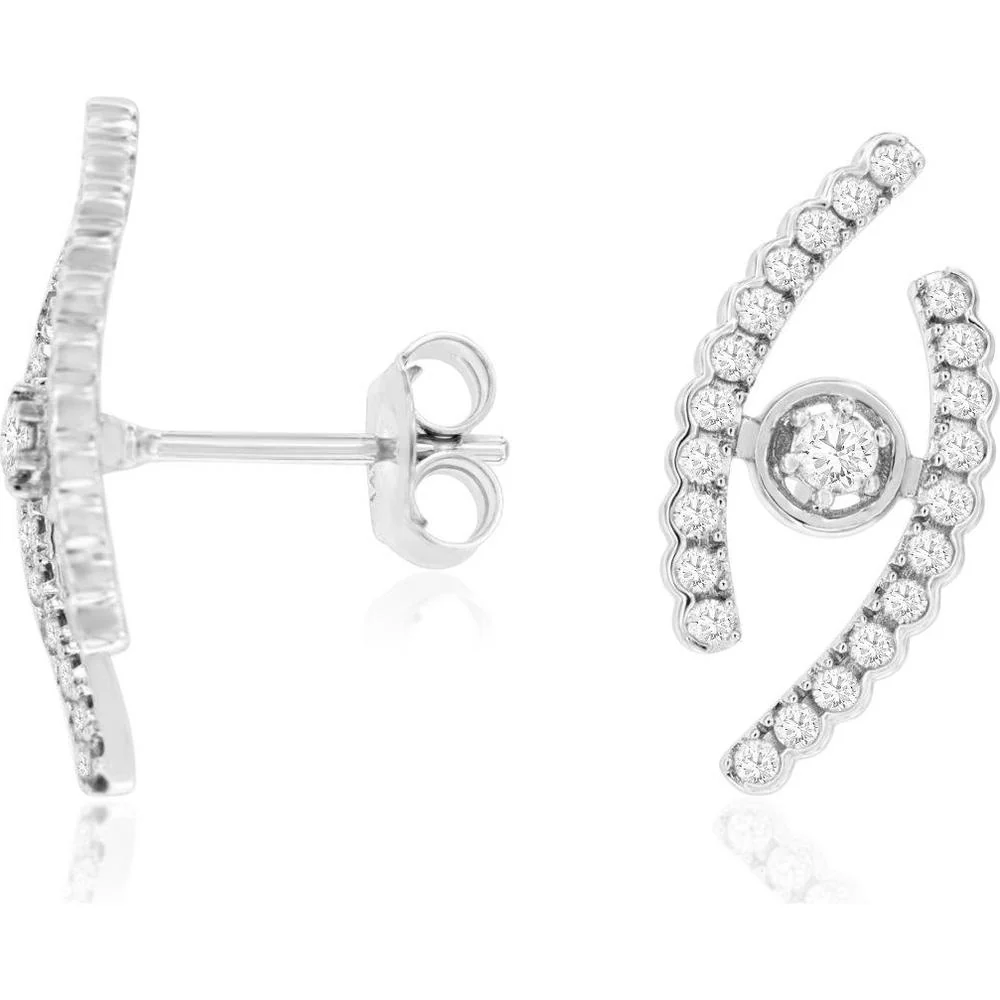 14K White Gold Contemporary Curved Diamond Stud Earrings with Round Diamonds - 0.43 Carat Total Diamond Weight - Royal Jewelry