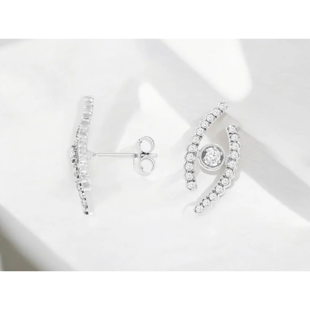 14K White Gold Contemporary Curved Diamond Stud Earrings with Round Diamonds - 0.43 Carat Total Diamond Weight - Royal Jewelry - Image 2