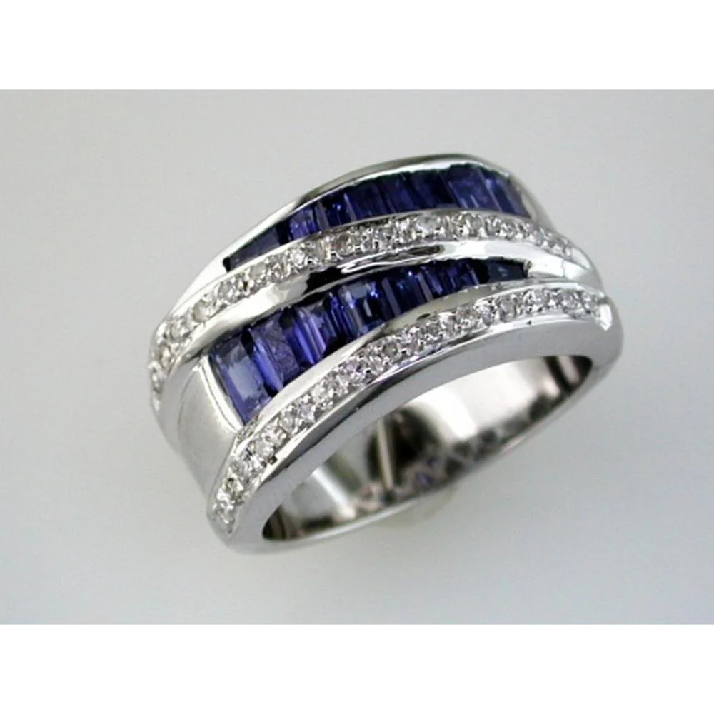 14K White Gold Contemporary Ring with Channel-Set Baguette Sapphires (1.70 Carats) and Pavé Round Diamonds (0.15 Carats) - Royal Jewelry