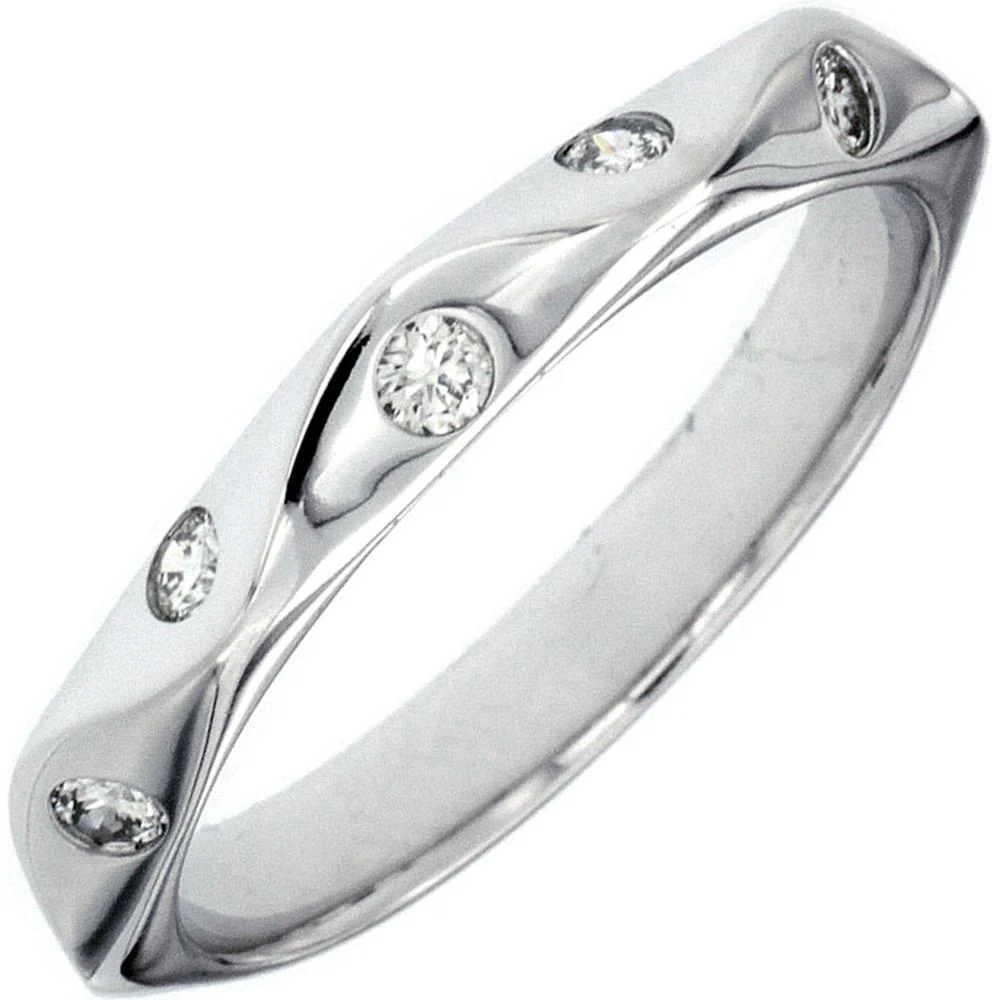 14K White Gold Contemporary Wave Wedding Band with Flush Set Round Diamonds - 0.17 Carat Total Diamond Weight - Royal Jewelry