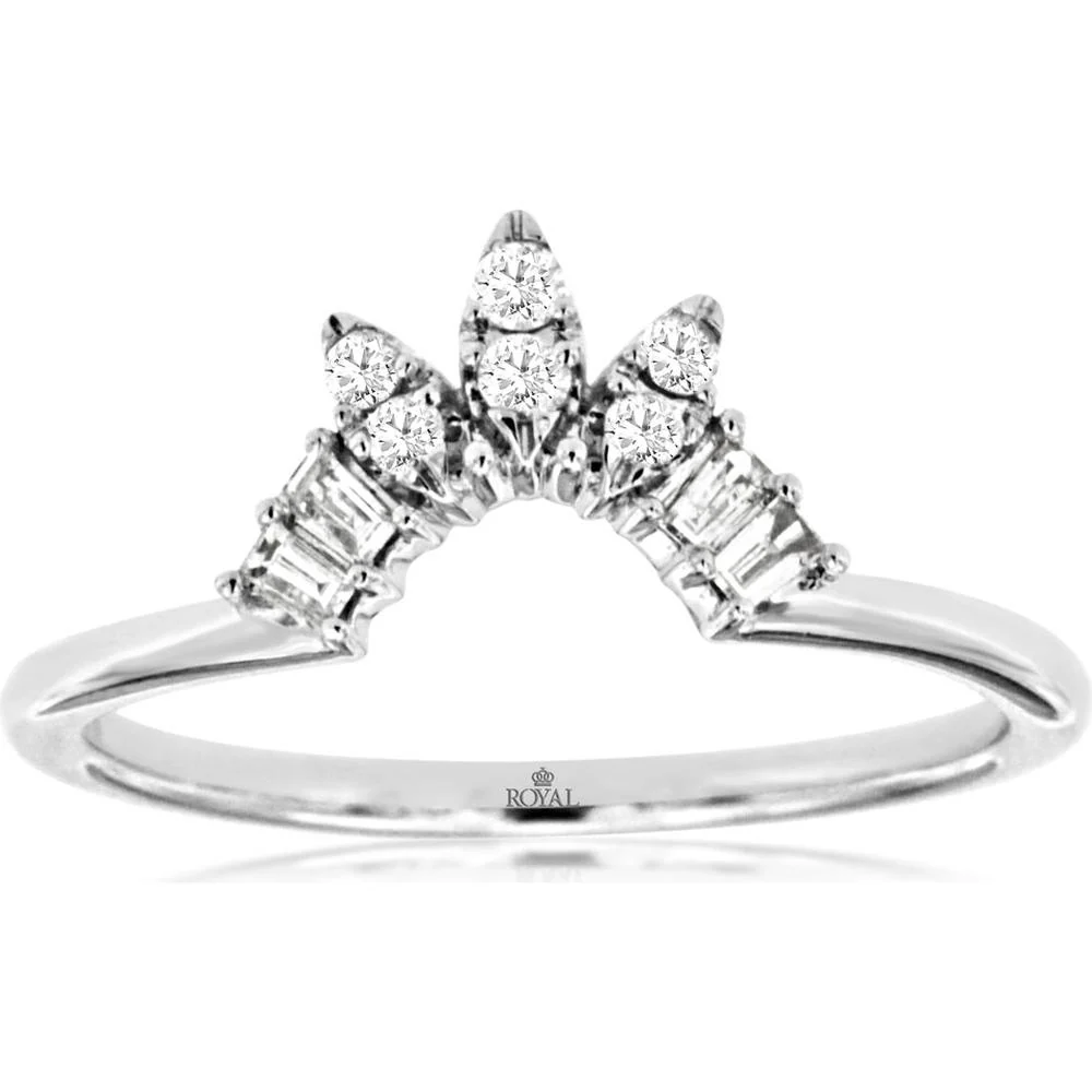 14K White Gold Contour Band with Round and Baguette Diamonds - 0.15 Carat Total Diamond Weight - Royal Jewelry