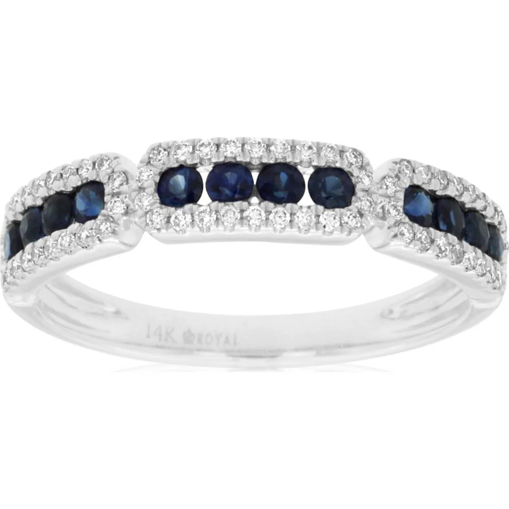 14K White Gold Contoured Band Ring with Channel Set Round Sapphires (0.42ct) and Milgrain Diamond Border (0.20ct) - Royal Jewelry