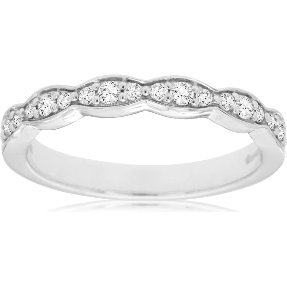 14K White Gold Contoured Diamond Wedding Band with Round Brilliant Prong Set Stones - 0.25 Carat Total Diamond Weight - Royal Jewelry