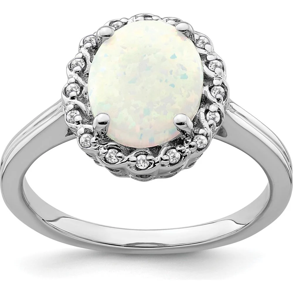 14K White Gold Created Opal and Diamond Halo Ring - 3 Carat Opal, 0.005 Carat Diamond Weight - Size 7 by Monteluci Fine Jewelry