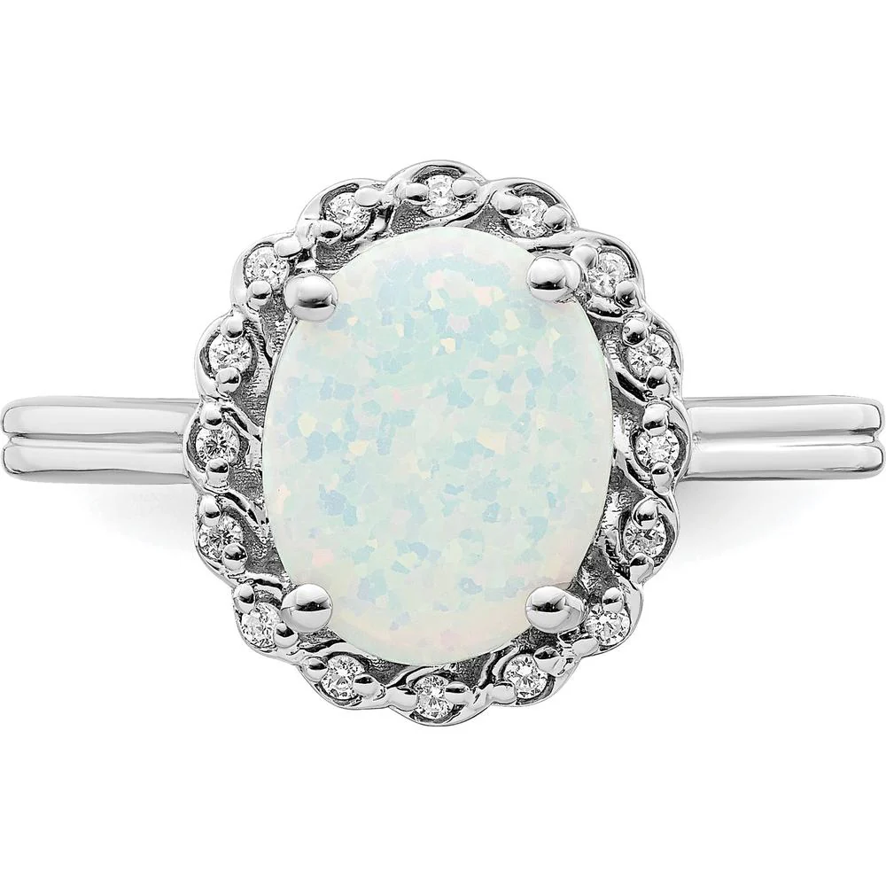 14K White Gold Created Opal and Diamond Halo Ring - 3 Carat Opal, 0.005 Carat Diamond Weight - Size 7 by Monteluci Fine Jewelry - Image 5