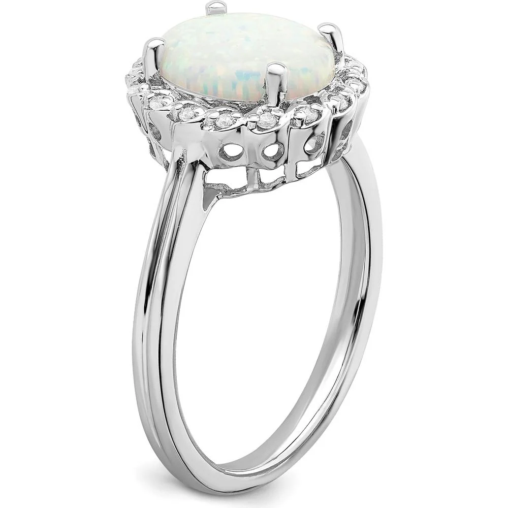 14K White Gold Created Opal and Diamond Halo Ring - 3 Carat Opal, 0.005 Carat Diamond Weight - Size 7 by Monteluci Fine Jewelry - Image 7