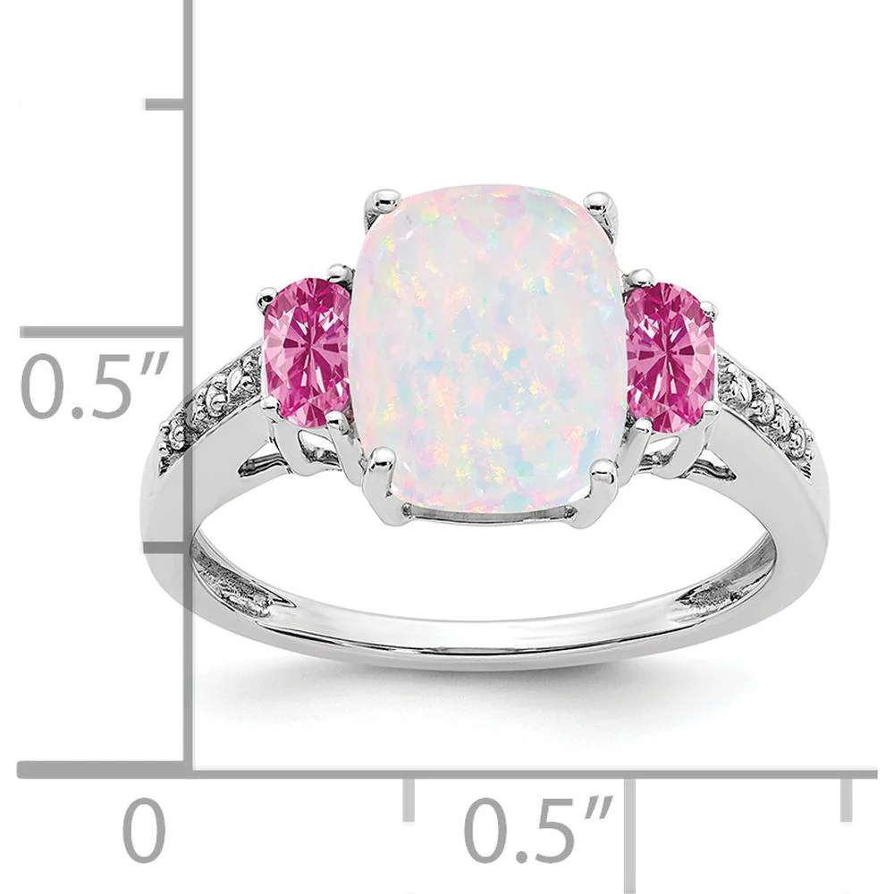 14K White Gold Created Opal, Created Pink Sapphire, and Diamond Three-Stone Ring - 1.8 Carat Total Gemstone Weight - Size 7 by Monteluci Fine Jewelry - Image 2