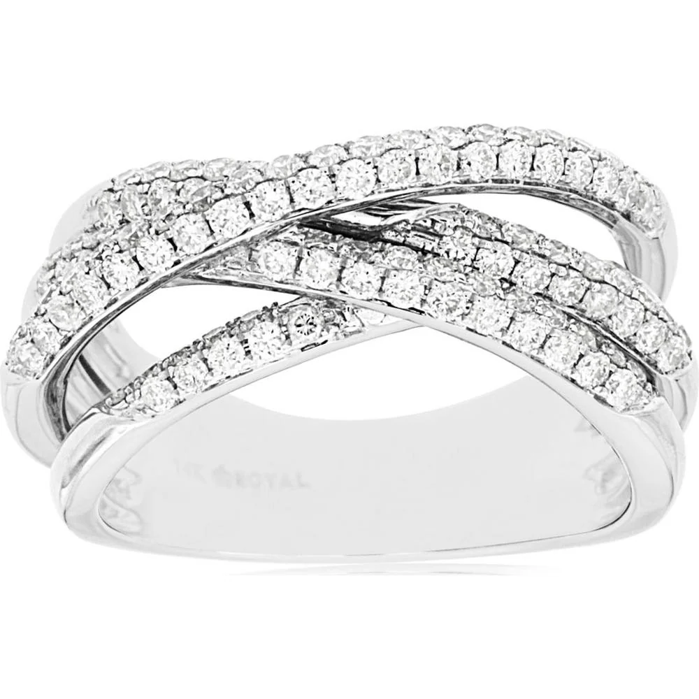 14K White Gold Crisscross Diamond Ring with Round Diamonds - 1.10 Carat Total Diamond Weight - Royal Jewelry