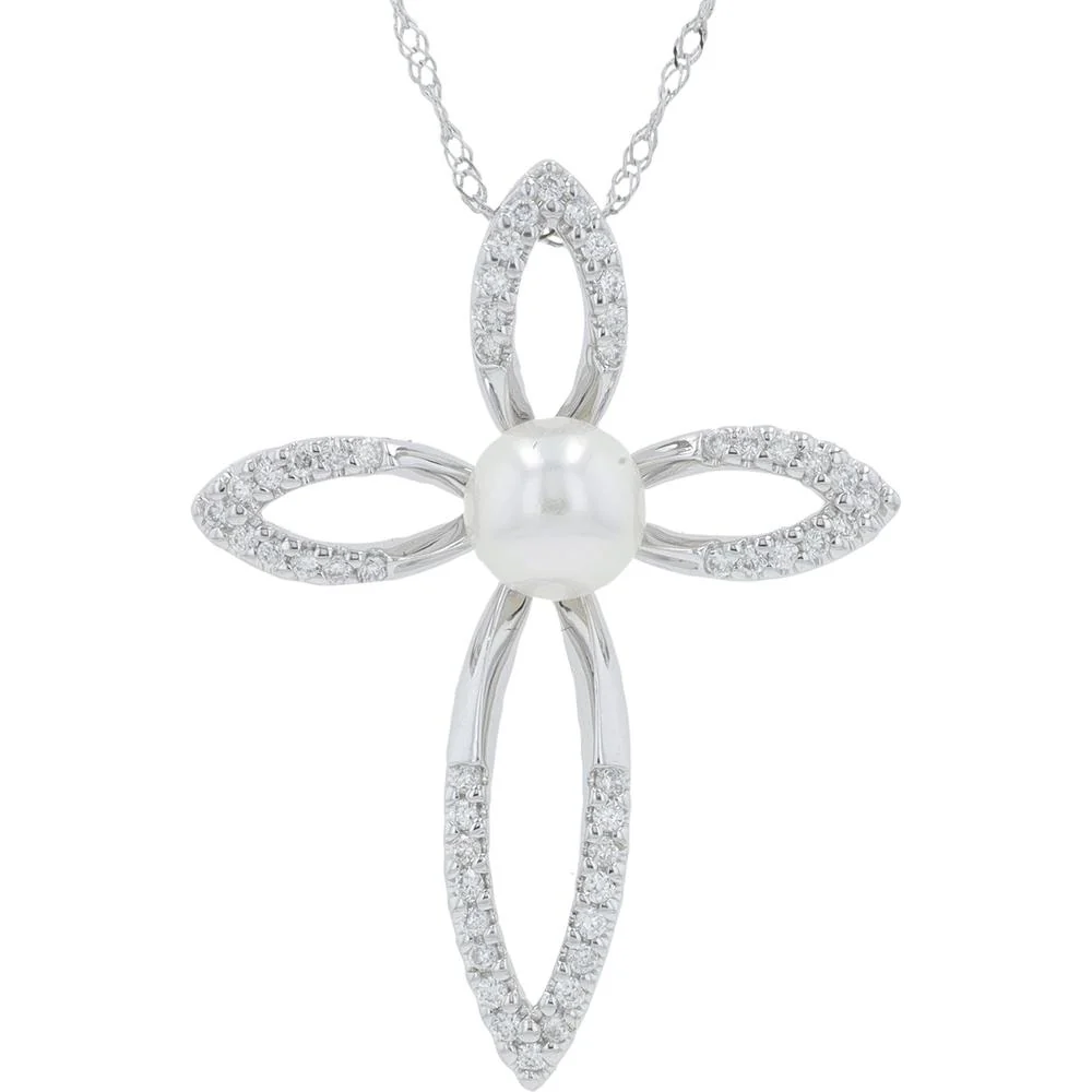 14K White Gold Cross Pendant with 5mm Cultured Pearl and 0.17 Carat Diamond Accents