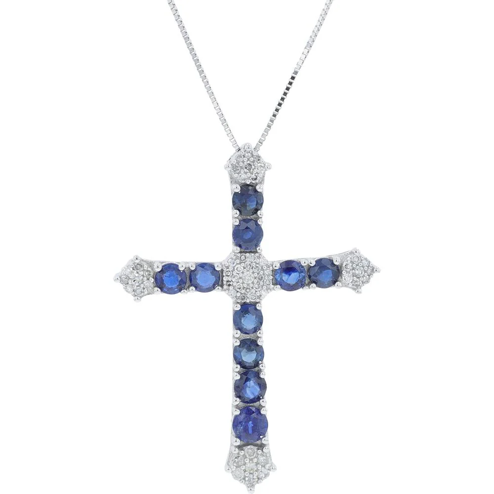 14K White Gold Cross Pendant with Sapphire and Diamond Accents - 1.10 Carat Total Sapphire Weight, 0.17 Carat Total Diamond Weight