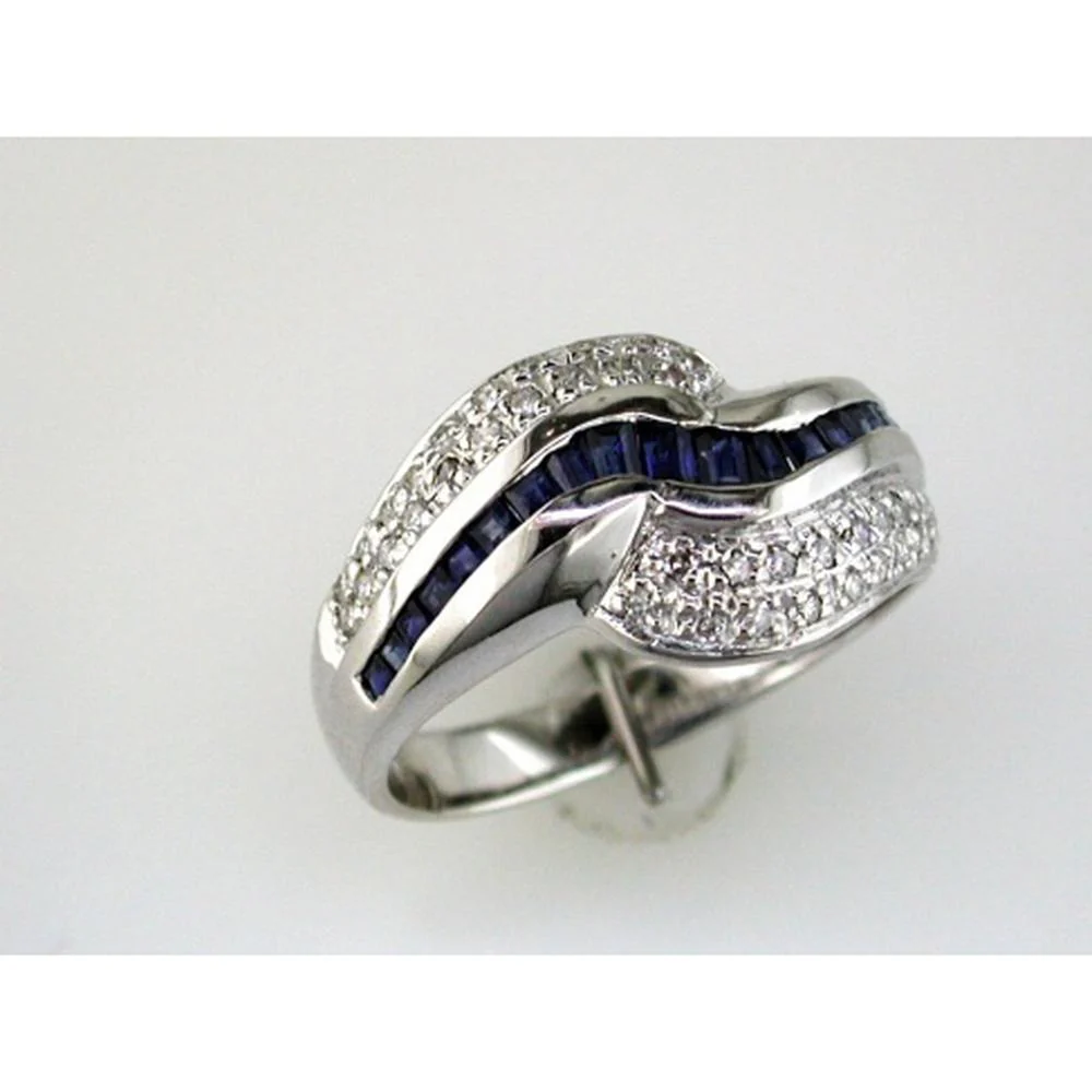 14K White Gold Crossover Ring with 0.88 Carats Baguette Sapphires and 0.21 Carats Round Diamonds - Royal Jewelry