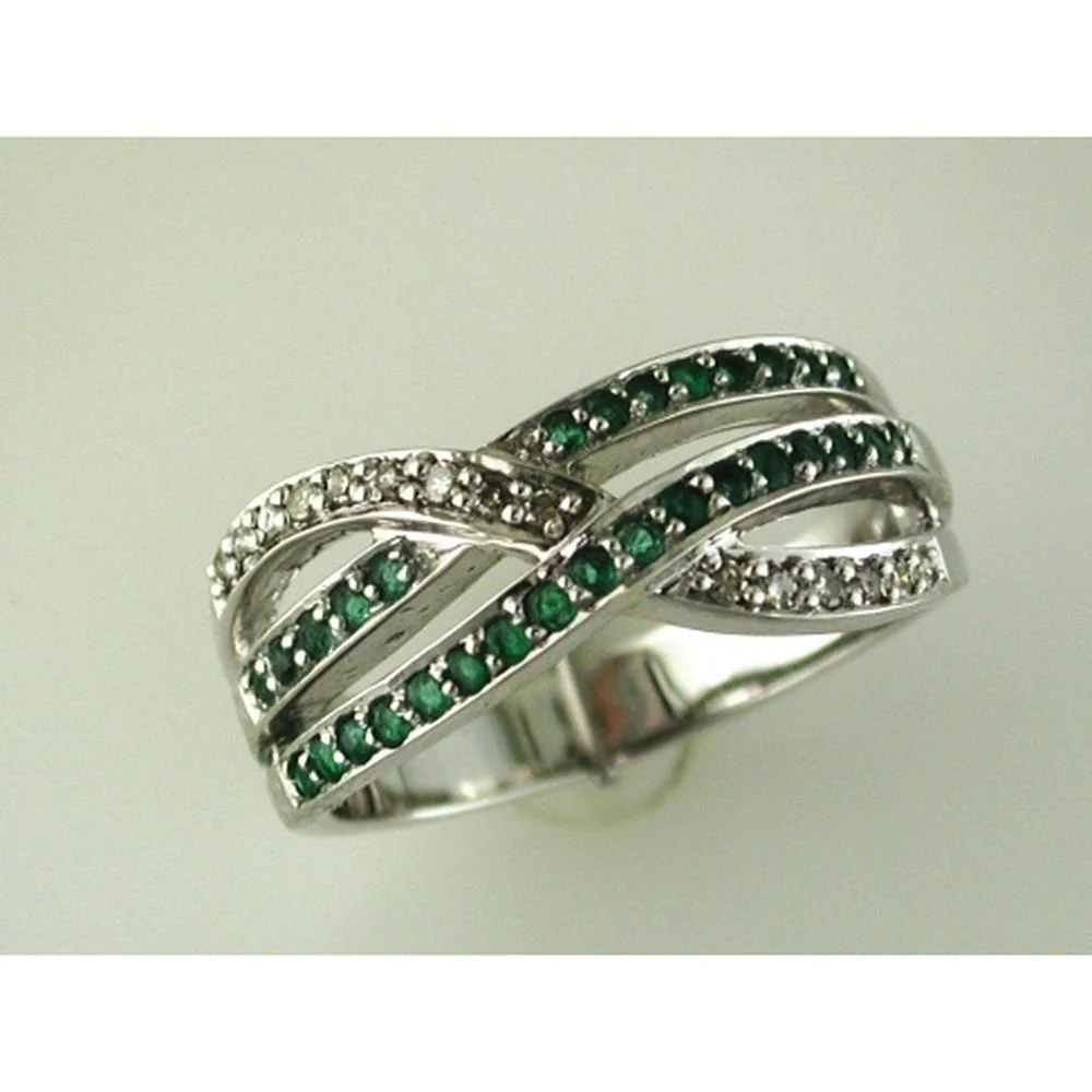 14K White Gold Crossover Ring with Round Emeralds and Diamonds - 0.24 Carat Emerald Total Weight, 0.10 Carat Diamond Total Weight - Royal Jewelry